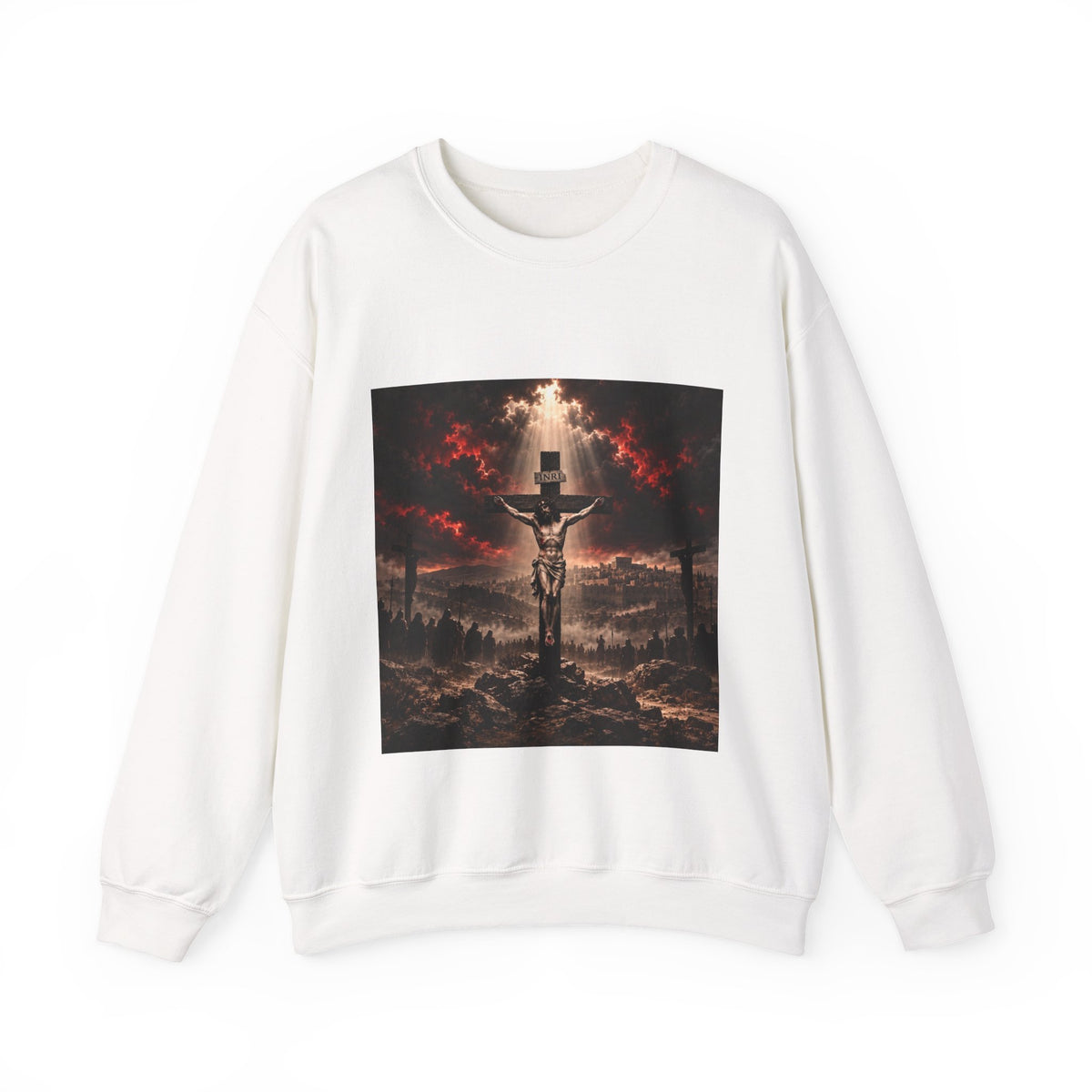Crucifixion Scene Crewneck Sweatshirt — Dramatic Christian Faith Graphic