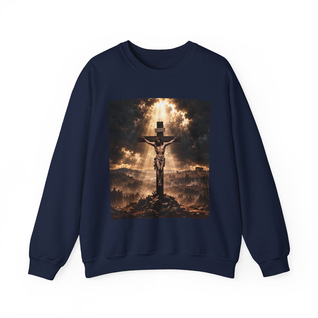 Religious Crewneck Sweatshirt — Crucifixion with Radiant Light Graphic