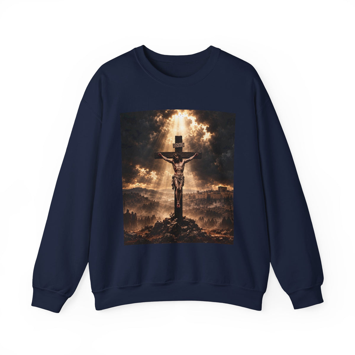 Religious Crewneck Sweatshirt — Crucifixion with Radiant Light Graphic