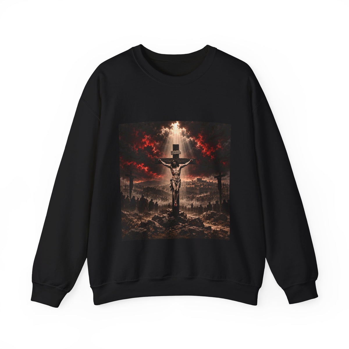 Crucifixion Scene Crewneck Sweatshirt — Dramatic Christian Faith Graphic