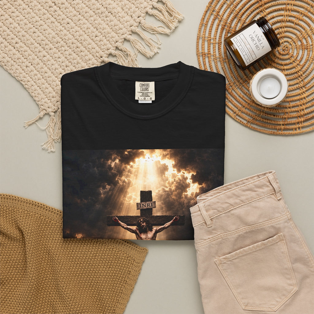 Christian Crucifix T-Shirt — Jesus on the Cross with Dramatic Sunlight