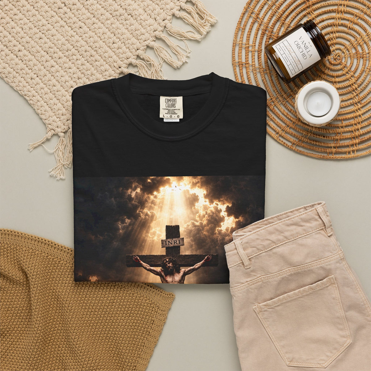 Christian Crucifix T-Shirt — Jesus on the Cross with Dramatic Sunlight
