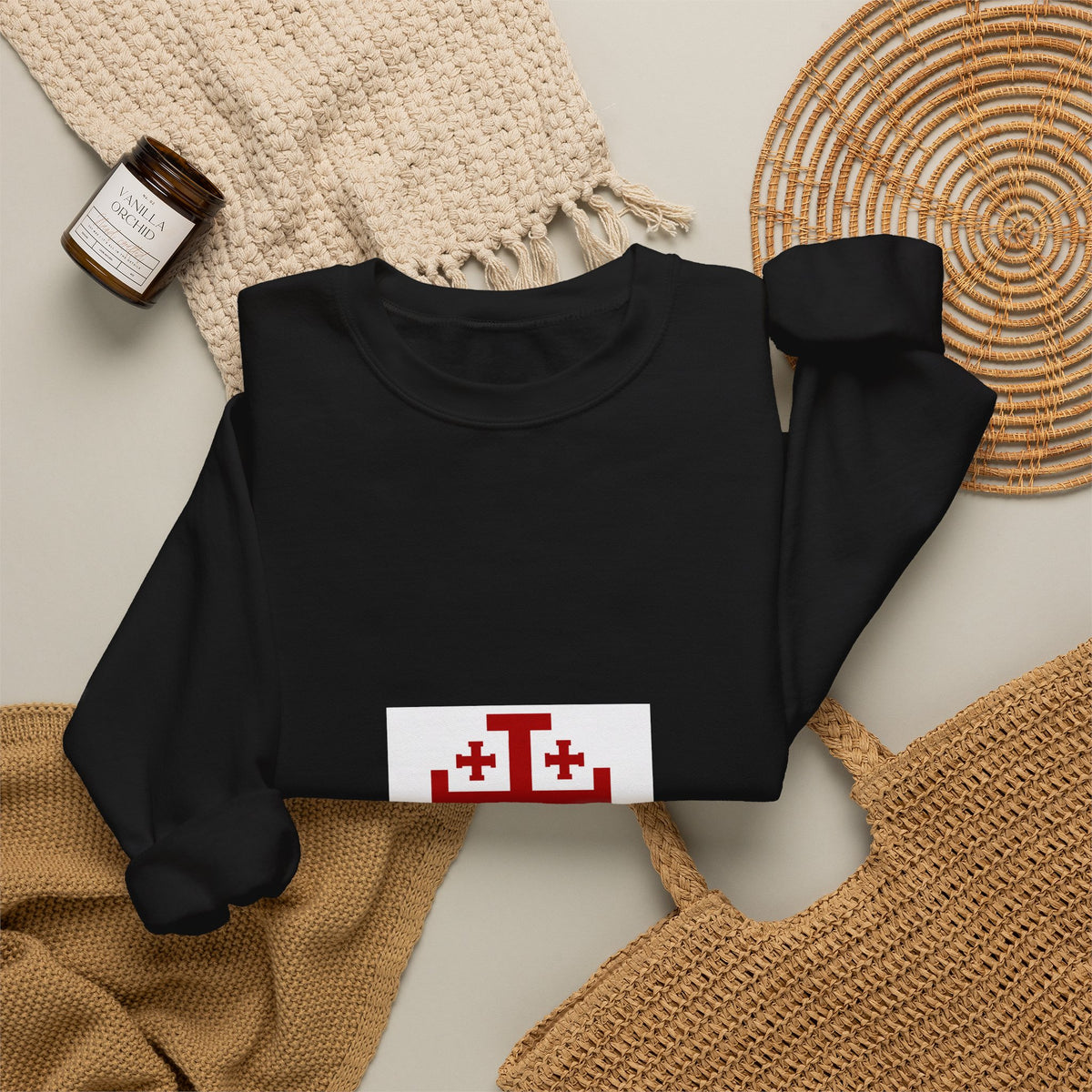 Crewneck Sweatshirt with Jerusalem Cross – Minimal Christian Symbol Pullover