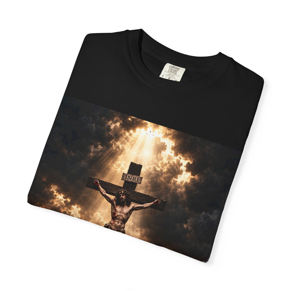 Christian Crucifix T-Shirt — Jesus on the Cross with Dramatic Sunlight