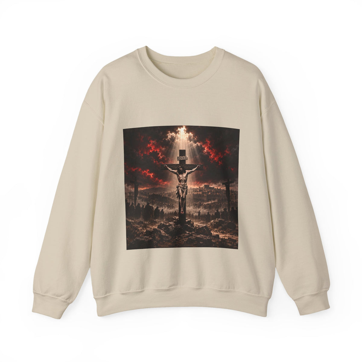 Crucifixion Scene Crewneck Sweatshirt — Dramatic Christian Faith Graphic