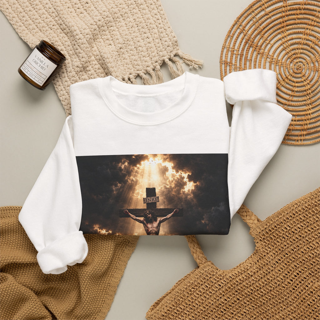 Religious Crewneck Sweatshirt — Crucifixion with Radiant Light Graphic