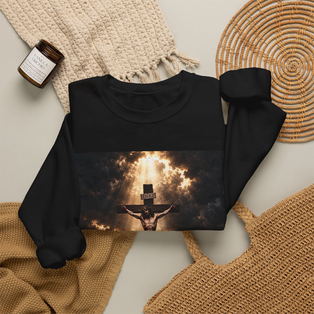 Religious Crewneck Sweatshirt — Crucifixion with Radiant Light Graphic