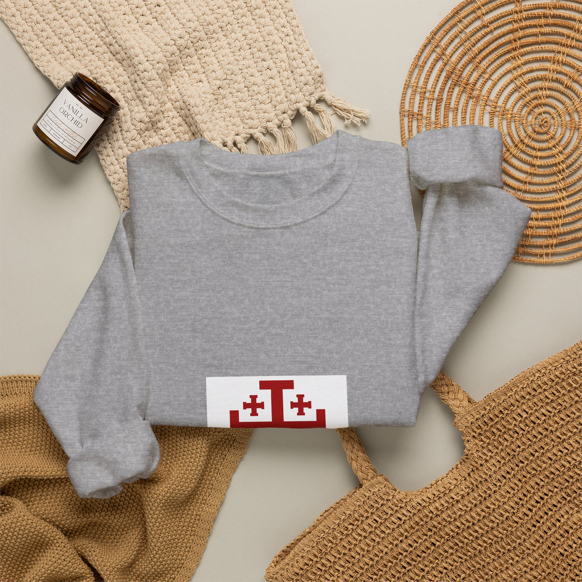 Crewneck Sweatshirt with Jerusalem Cross – Minimal Christian Symbol Pullover