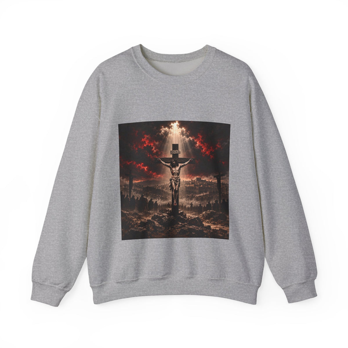Crucifixion Scene Crewneck Sweatshirt — Dramatic Christian Faith Graphic