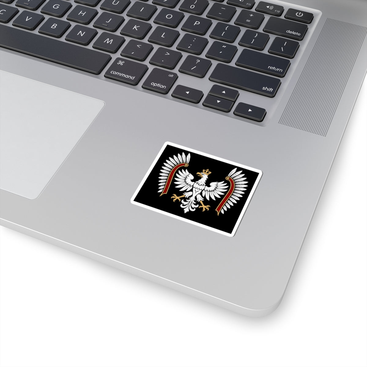Polish White Eagle Kiss-Cut Sticker — Crowned Heraldic Emblem on Black