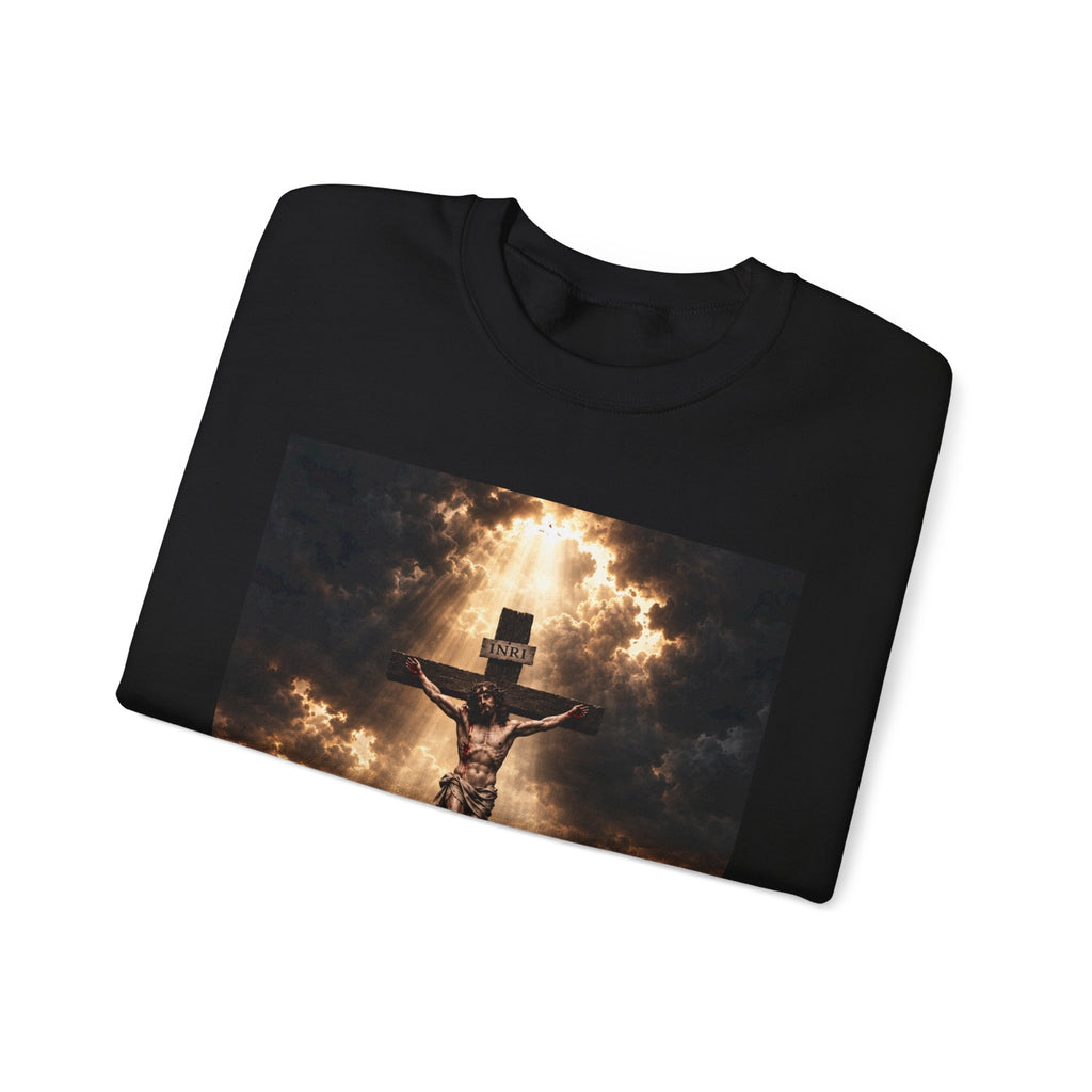 Religious Crewneck Sweatshirt — Crucifixion with Radiant Light Graphic