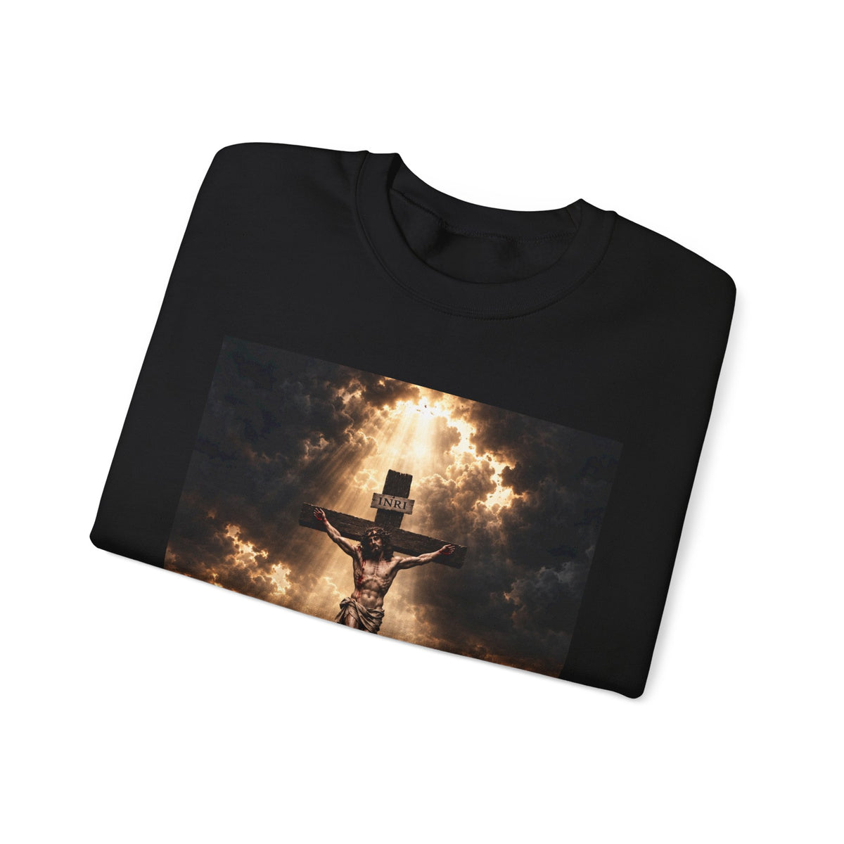 Religious Crewneck Sweatshirt — Crucifixion with Radiant Light Graphic