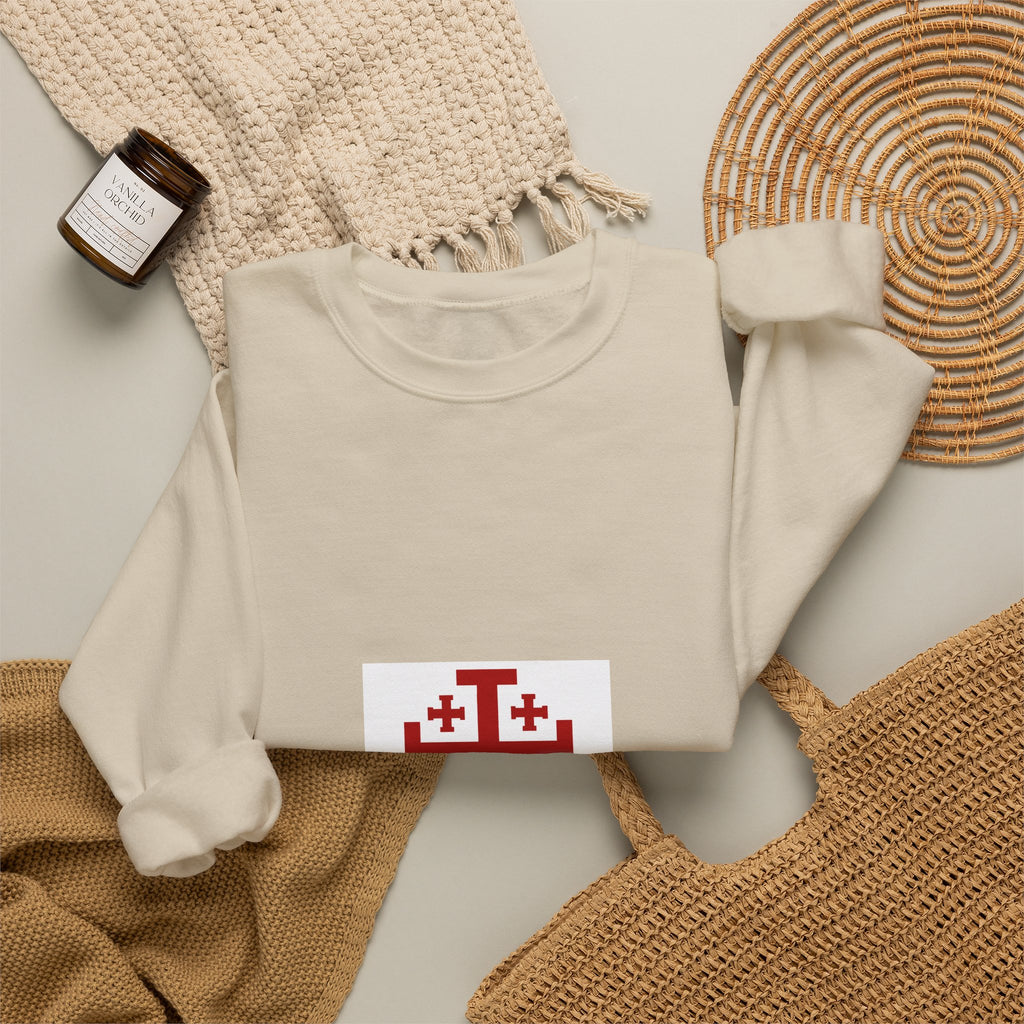 Crewneck Sweatshirt with Jerusalem Cross – Minimal Christian Symbol Pullover