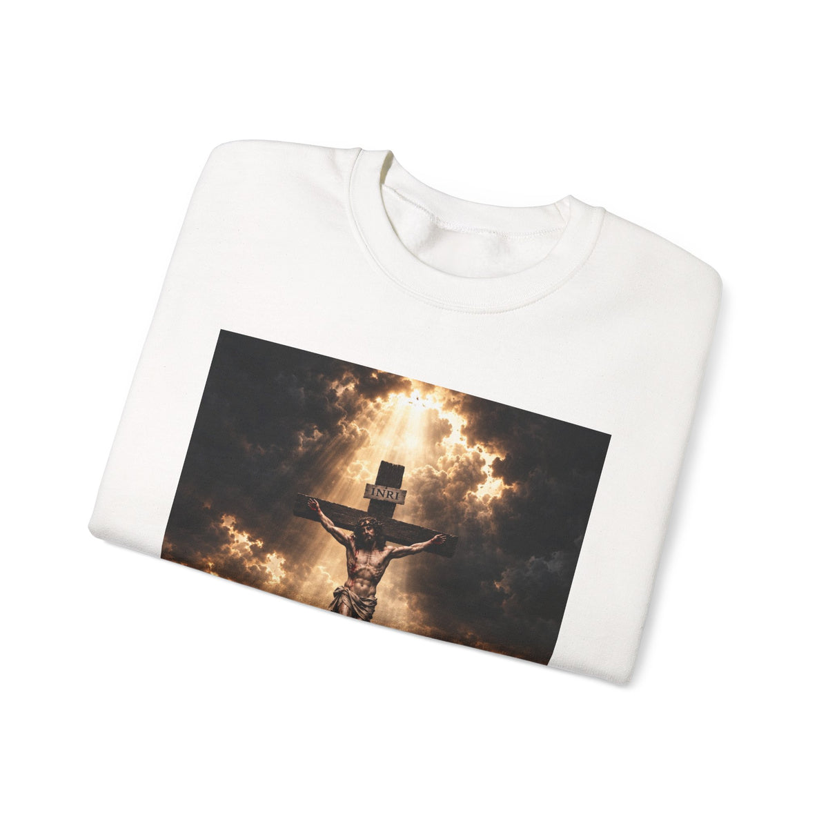 Religious Crewneck Sweatshirt — Crucifixion with Radiant Light Graphic