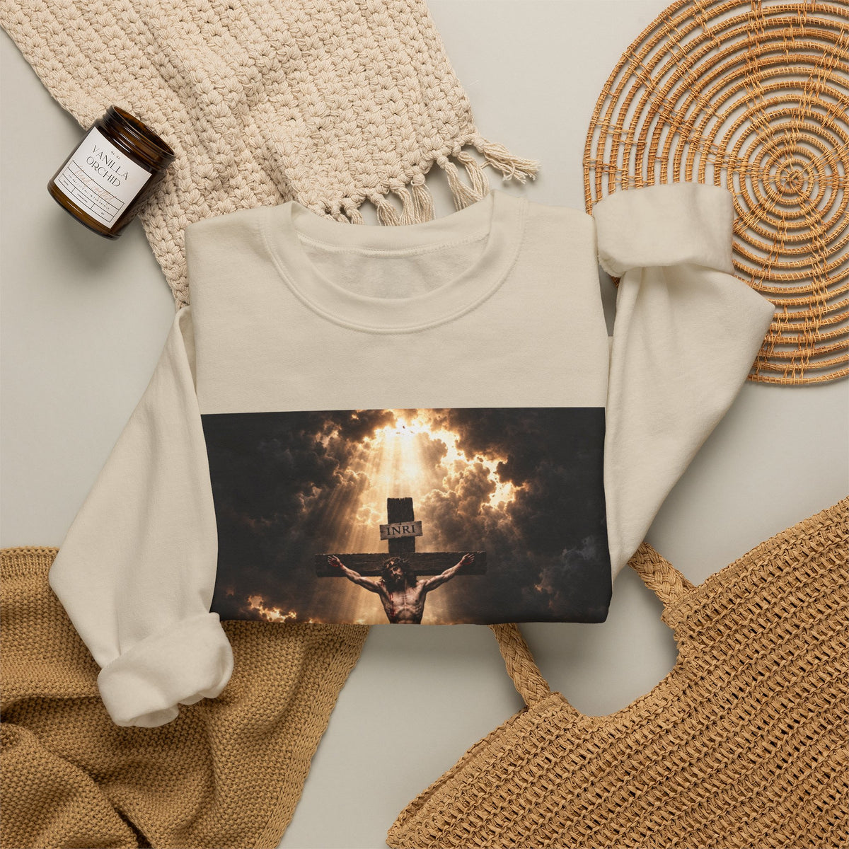 Religious Crewneck Sweatshirt — Crucifixion with Radiant Light Graphic