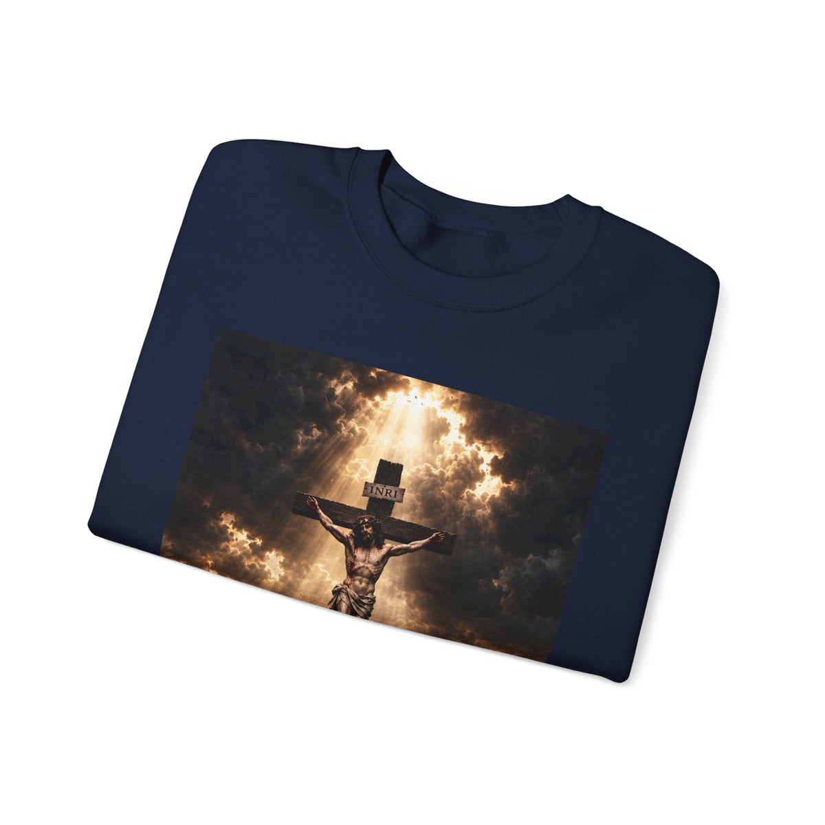 Religious Crewneck Sweatshirt — Crucifixion with Radiant Light Graphic