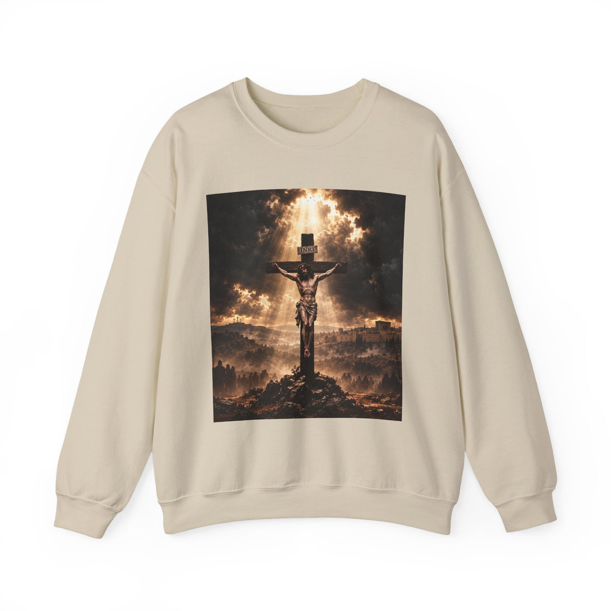 Religious Crewneck Sweatshirt — Crucifixion with Radiant Light Graphic