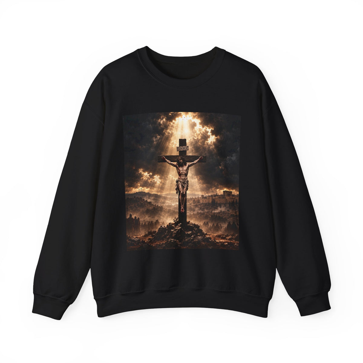 Religious Crewneck Sweatshirt — Crucifixion with Radiant Light Graphic
