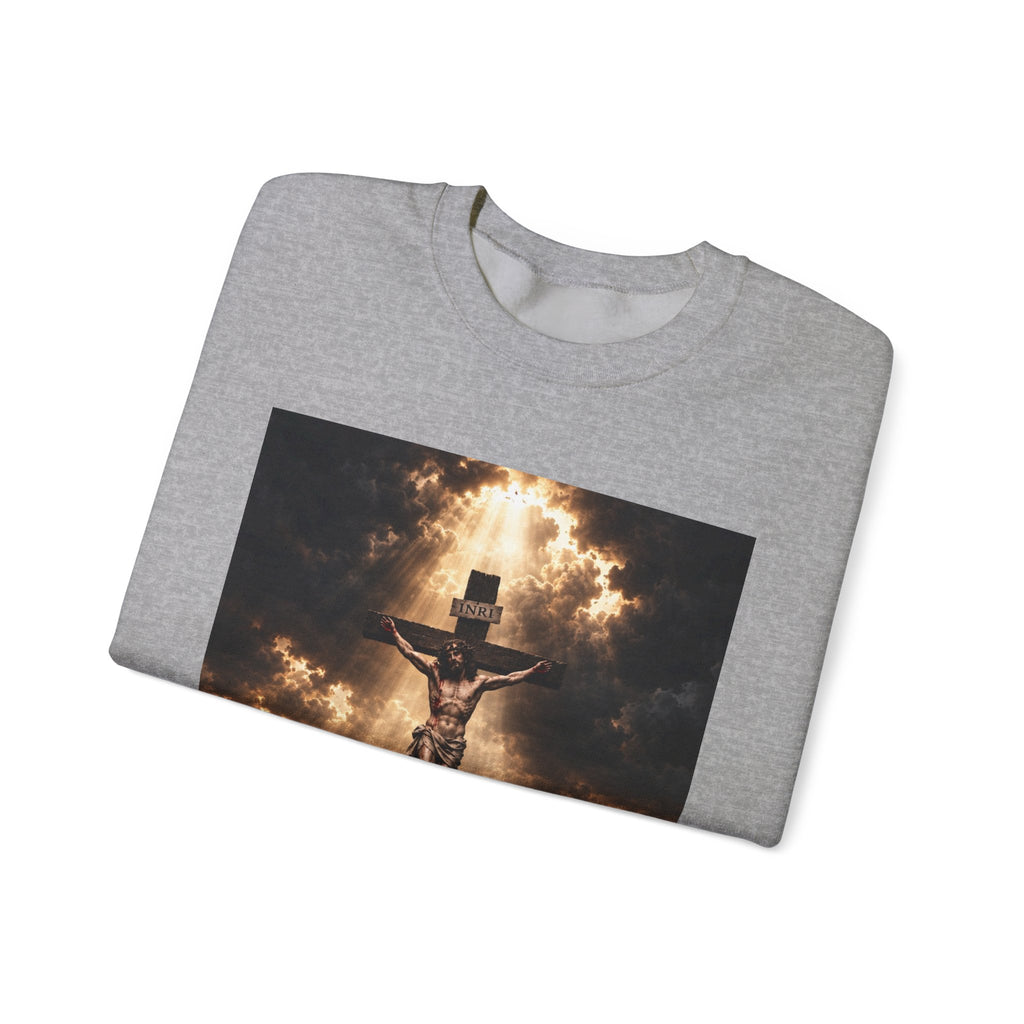 Religious Crewneck Sweatshirt — Crucifixion with Radiant Light Graphic