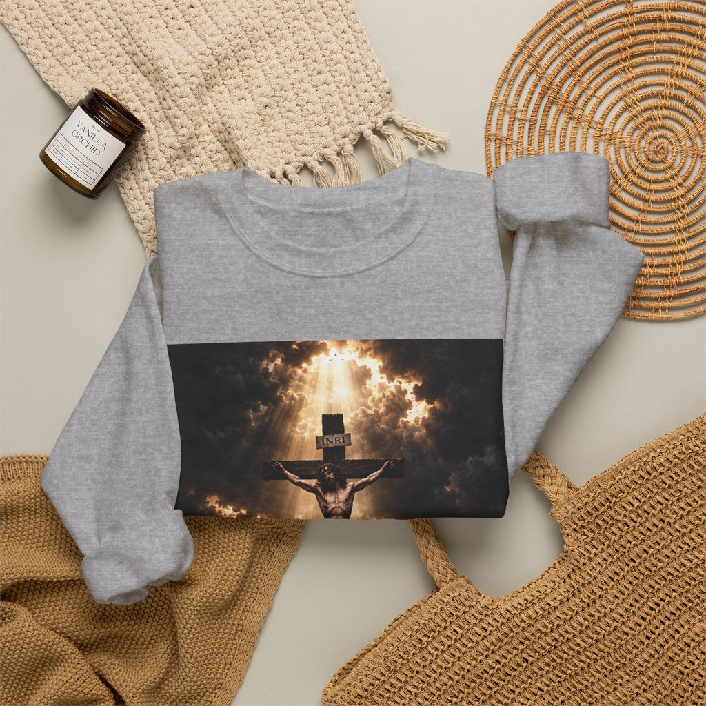 Religious Crewneck Sweatshirt — Crucifixion with Radiant Light Graphic