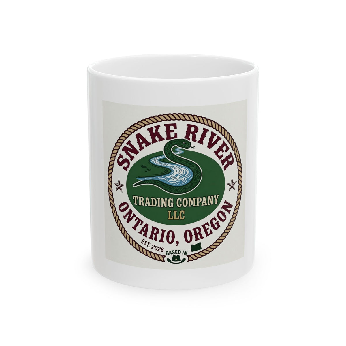 Snake River Trading Company Ontario Oregon Ceramic Mug — Vintage River Logo Coffee Cup (11oz, 15oz)