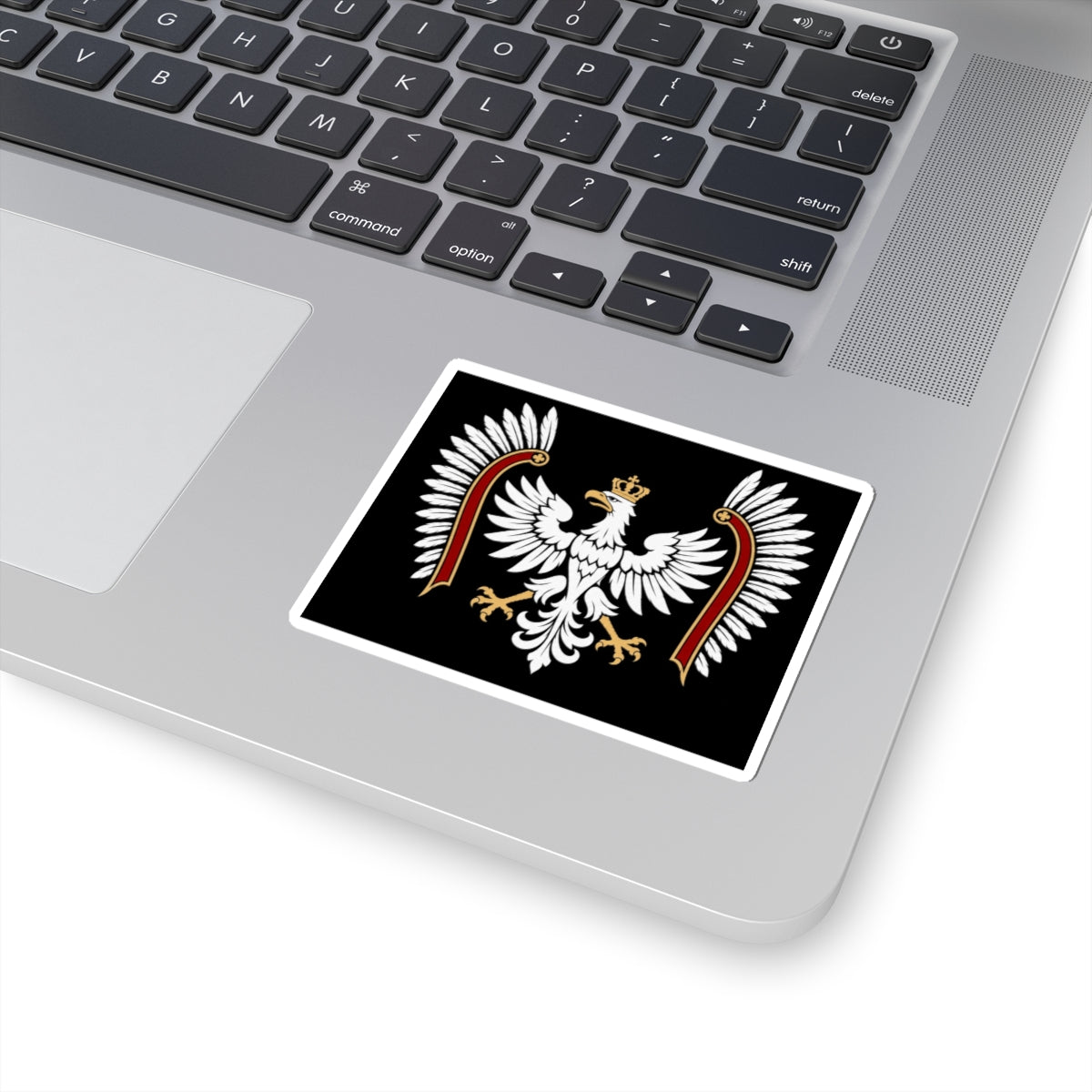 Polish White Eagle Kiss-Cut Sticker — Crowned Heraldic Emblem on Black