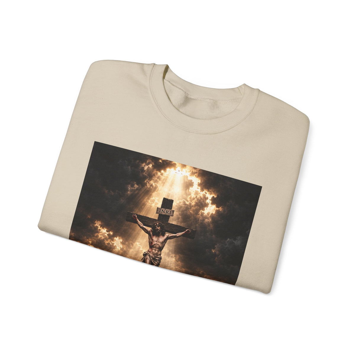 Religious Crewneck Sweatshirt — Crucifixion with Radiant Light Graphic