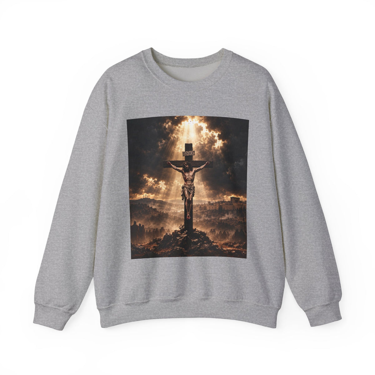 Religious Crewneck Sweatshirt — Crucifixion with Radiant Light Graphic