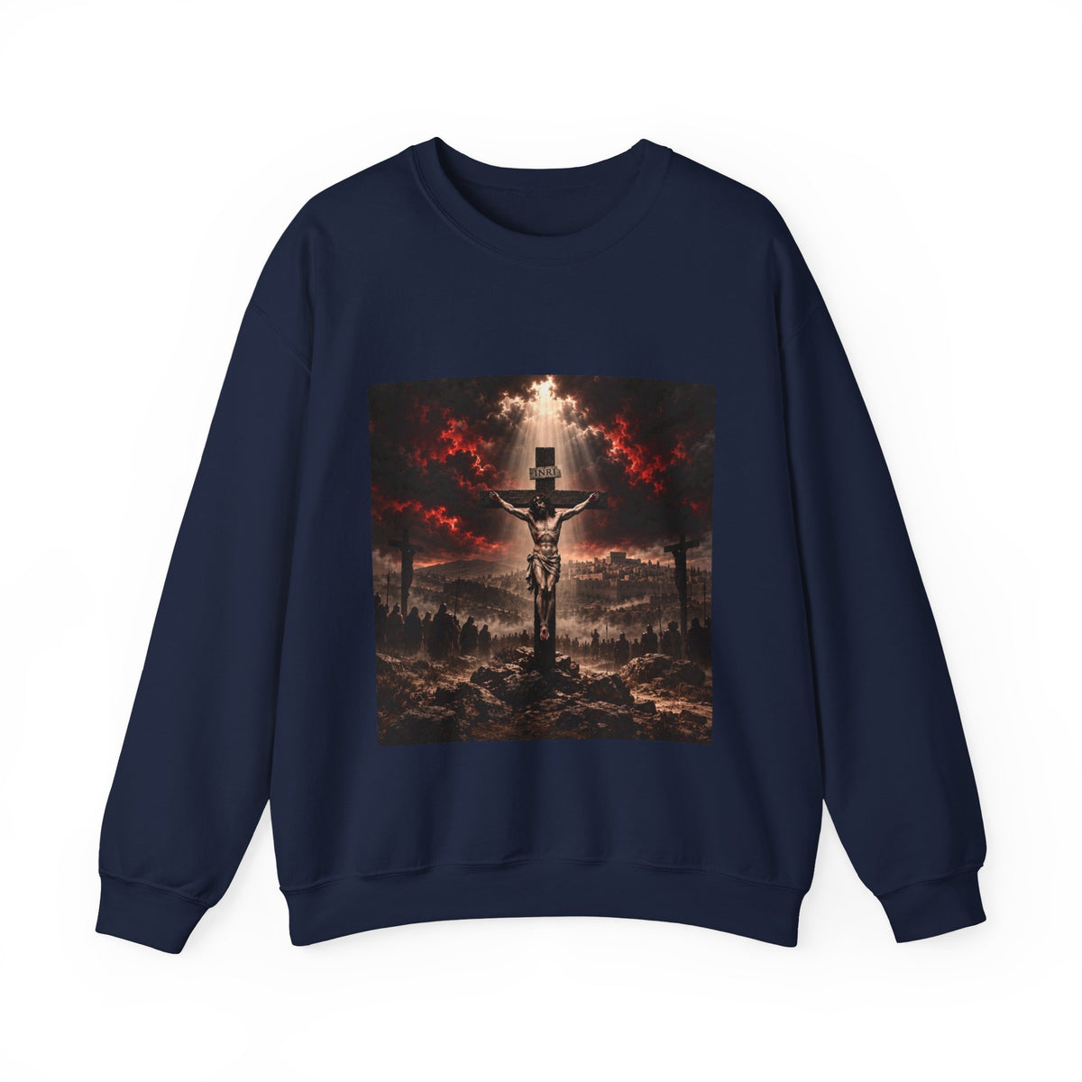Crucifixion Scene Crewneck Sweatshirt — Dramatic Christian Faith Graphic