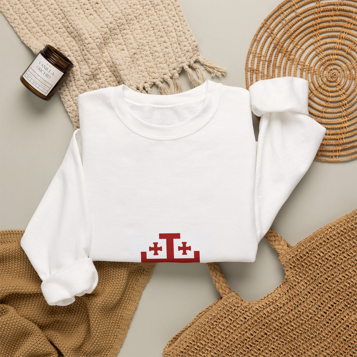 Crewneck Sweatshirt with Jerusalem Cross – Minimal Christian Symbol Pullover