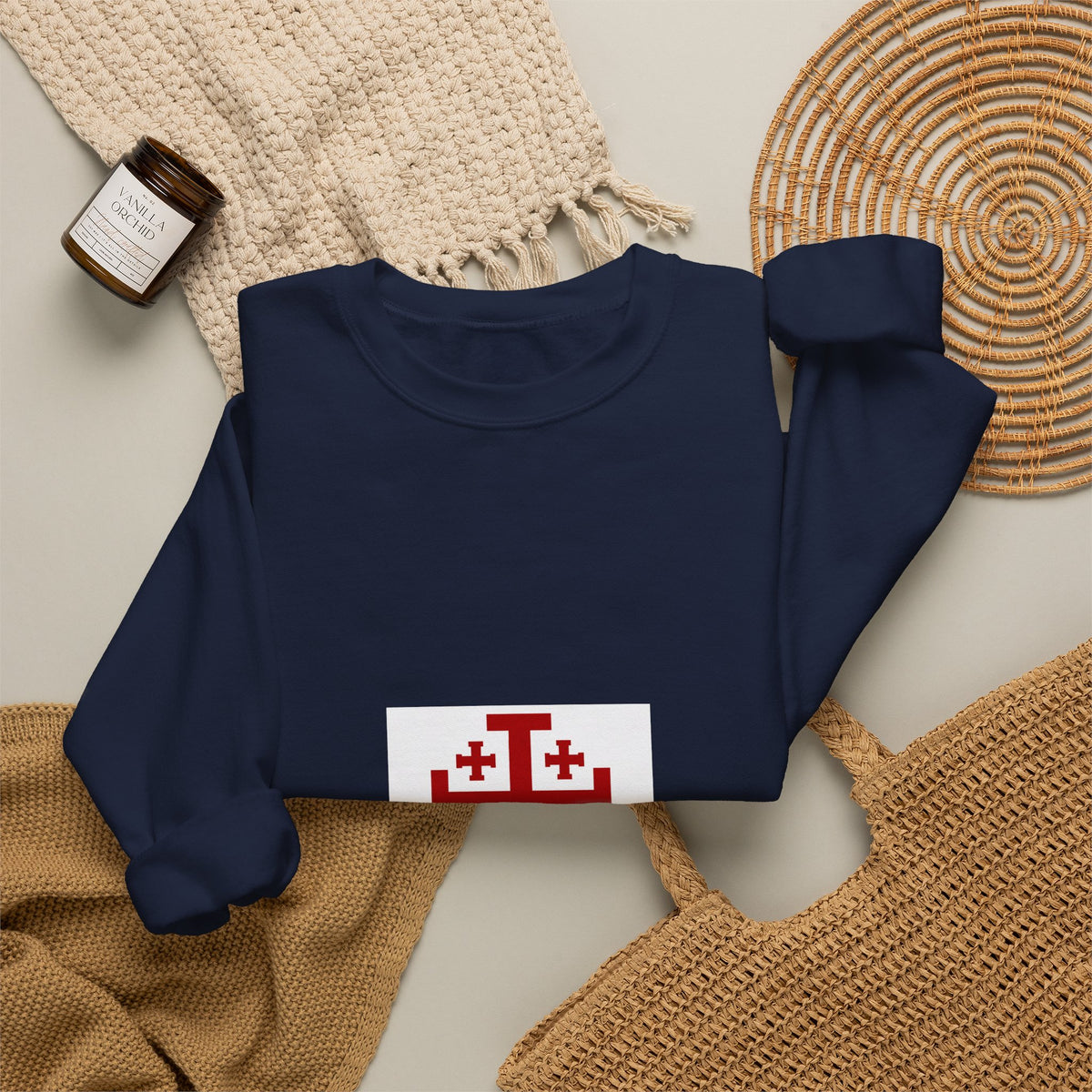 Crewneck Sweatshirt with Jerusalem Cross – Minimal Christian Symbol Pullover
