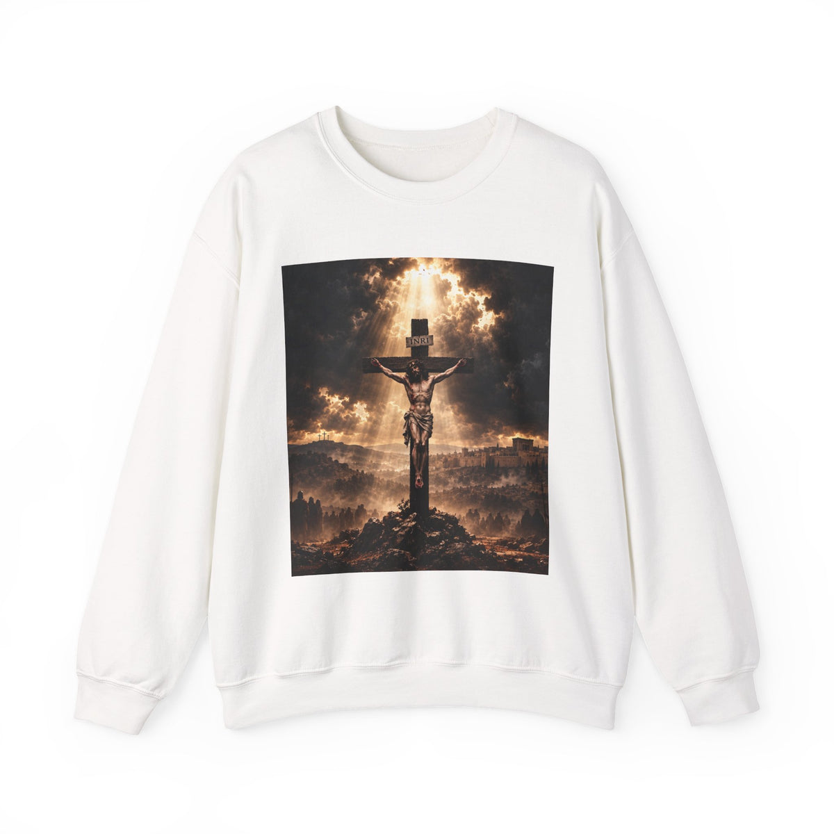 Religious Crewneck Sweatshirt — Crucifixion with Radiant Light Graphic